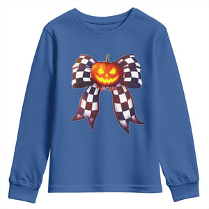 Race Car Halloween Youth Sweatshirt Pumpkin Checkered Coquette Bow TS14 Royal Blue Print Your Wear