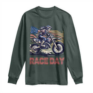 Dirt Bike Girl Long Sleeve Shirt Patriotic Motocross American Flag Racing TS14 Dark Forest Green Print Your Wear