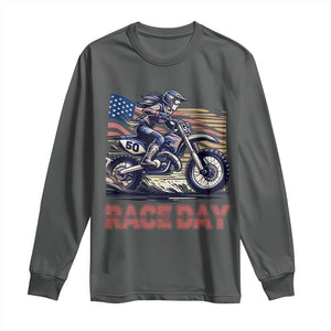 Dirt Bike Girl Long Sleeve Shirt Patriotic Motocross American Flag Racing TS14 Dark Heather Print Your Wear