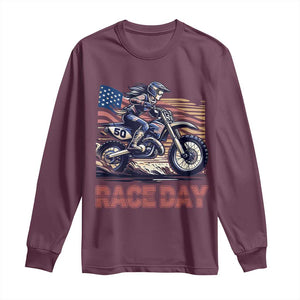 Dirt Bike Girl Long Sleeve Shirt Patriotic Motocross American Flag Racing TS14 Maroon Print Your Wear
