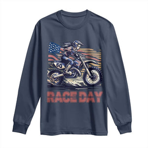 Dirt Bike Girl Long Sleeve Shirt Patriotic Motocross American Flag Racing TS14 Navy Print Your Wear