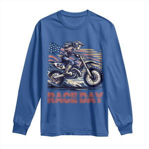 Dirt Bike Girl Long Sleeve Shirt Patriotic Motocross American Flag Racing TS14 Royal Blue Print Your Wear