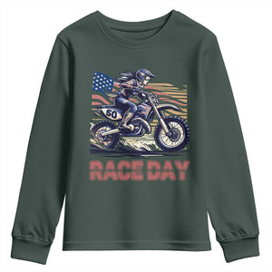 Dirt Bike Girl Youth Sweatshirt Patriotic Motocross American Flag Racing TS14 Dark Forest Green Print Your Wear