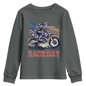 Dirt Bike Girl Youth Sweatshirt Patriotic Motocross American Flag Racing TS14 Dark Heather Print Your Wear
