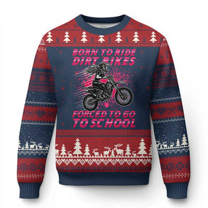 Funny Dirt Bike Girl Ugly Christmas Sweater Born To Ride Dirt Bikes Forced To Go To School TS14 Navy Red Print Your Wear