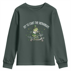 Funny Frog St Patricks Day Meme Youth Sweatshirt Off To Start The Shenanigans TS14 Dark Forest Green Print Your Wear