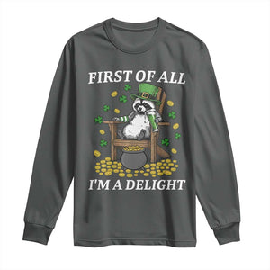 Funny St Patricks Day Raccoon Drinking Beer Long Sleeve Shirt First Of All I Am Delight TS14 Dark Heather Print Your Wear