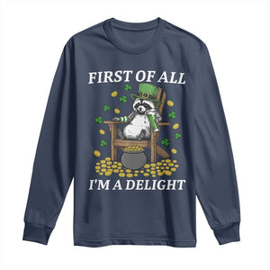 Funny St Patricks Day Raccoon Drinking Beer Long Sleeve Shirt First Of All I Am Delight TS14 Navy Print Your Wear