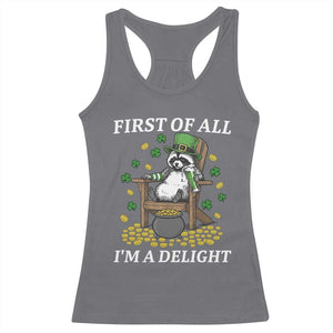Funny St Patricks Day Raccoon Drinking Beer Racerback Tank Top First Of All I Am Delight TS14 Charcoal Print Your Wear