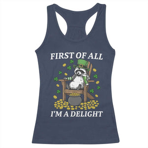 Funny St Patricks Day Raccoon Drinking Beer Racerback Tank Top First Of All I Am Delight TS14 Navy Print Your Wear