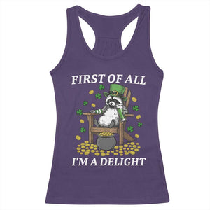 Funny St Patricks Day Raccoon Drinking Beer Racerback Tank Top First Of All I Am Delight TS14 Purple Print Your Wear