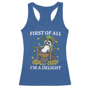 Funny St Patricks Day Raccoon Drinking Beer Racerback Tank Top First Of All I Am Delight TS14 Royal Blue Print Your Wear