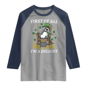 Funny St Patricks Day Raccoon Drinking Beer Raglan Shirt First Of All I Am Delight TS14 Sport Gray Navy Print Your Wear