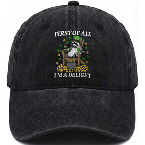 Funny St Patricks Day Raccoon Drinking Beer Washed Cotton Baseball Cap First Of All I Am Delight TS14 Washed Cap Universal Fit Black Print Your Wear