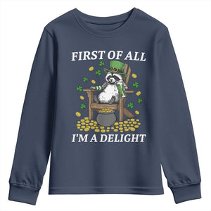 Funny St Patricks Day Raccoon Drinking Beer Youth Sweatshirt First Of All I Am Delight TS14 Navy Print Your Wear