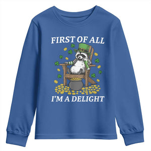 Funny St Patricks Day Raccoon Drinking Beer Youth Sweatshirt First Of All I Am Delight TS14 Royal Blue Print Your Wear