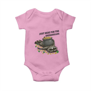 Funny Raccoon St Patricks Day Meme Baby Onesie Just Here For The Shenanigans TS14 Light Pink Print Your Wear