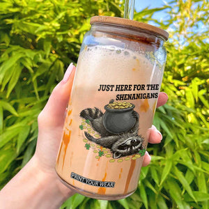 Funny Raccoon St Patricks Day Meme Glass Can Just Here For The Shenanigans TS14 White Print Your Wear