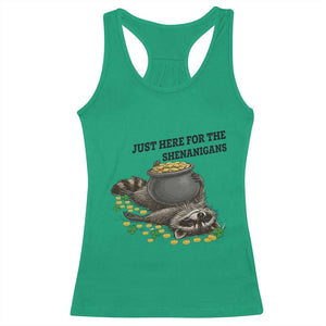 Funny Raccoon St Patricks Day Meme Racerback Tank Top Just Here For The Shenanigans TS14 Irish Green Print Your Wear