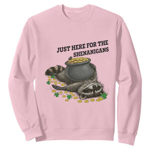 Funny Raccoon St Patricks Day Meme Sweatshirt Just Here For The Shenanigans TS14 Light Pink Print Your Wear