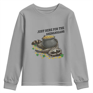 Funny Raccoon St Patricks Day Meme Youth Sweatshirt Just Here For The Shenanigans TS14 Sport Gray Print Your Wear