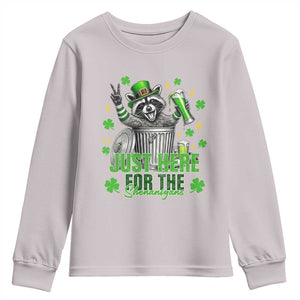 Funny Raccoon Drinking Beer St Patricks Day Youth Sweatshirt Just Here For The Shenanigans TS14 Ice Gray Print Your Wear