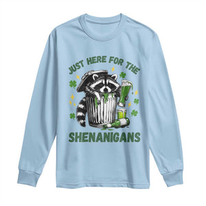 Funny Raccoon St Patricks Day Meme Long Sleeve Shirt Trash Panda Just Here For The Shenanigans TS14 Light Blue Print Your Wear