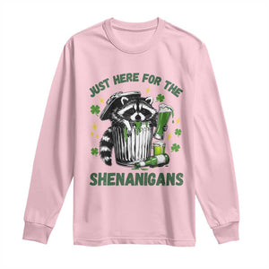 Funny Raccoon St Patricks Day Meme Long Sleeve Shirt Trash Panda Just Here For The Shenanigans TS14 Light Pink Print Your Wear