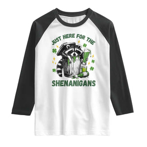 Funny Raccoon St Patricks Day Meme Raglan Shirt Trash Panda Just Here For The Shenanigans TS14 White Black Print Your Wear