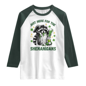 Funny Raccoon St Patricks Day Meme Raglan Shirt Trash Panda Just Here For The Shenanigans TS14 White Dark Forest Green Print Your Wear
