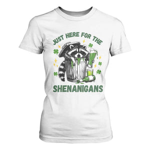 Funny Raccoon St Patricks Day Meme T Shirt For Women Trash Panda Just Here For The Shenanigans TS14 White Print Your Wear