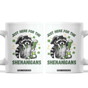 Funny Raccoon St Patricks Day Meme Coffee Mug Trash Panda Just Here For The Shenanigans TS14 White Print Your Wear