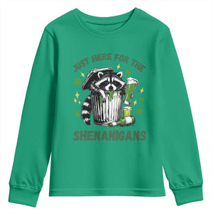 Funny Raccoon St Patricks Day Meme Youth Sweatshirt Trash Panda Just Here For The Shenanigans TS14 Irish Green Print Your Wear