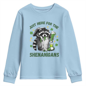 Funny Raccoon St Patricks Day Meme Youth Sweatshirt Trash Panda Just Here For The Shenanigans TS14 Light Blue Print Your Wear