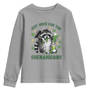 Funny Raccoon St Patricks Day Meme Youth Sweatshirt Trash Panda Just Here For The Shenanigans TS14 Sport Gray Print Your Wear