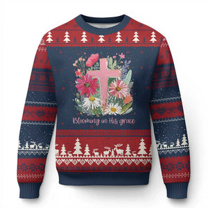 Blooming in His Grace Ugly Christmas Sweater Boho Wildflower Christian Faith Bible Verse TS14 Navy Red Print Your Wear