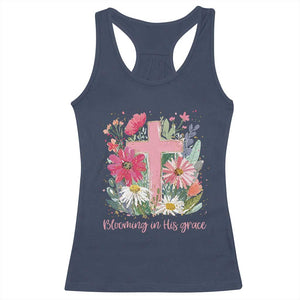 Blooming in His Grace Racerback Tank Top Boho Wildflower Christian Faith Bible Verse TS14 Navy Print Your Wear