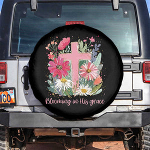 Blooming in His Grace Spare Tire Cover Boho Wildflower Christian Faith Bible Verse TS14 No hole Black Print Your Wear