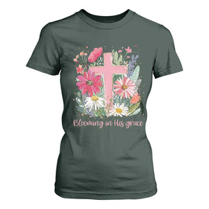 Blooming in His Grace T Shirt For Women Boho Wildflower Christian Faith Bible Verse TS14 Dark Forest Green Print Your Wear