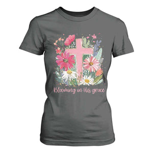 Blooming in His Grace T Shirt For Women Boho Wildflower Christian Faith Bible Verse TS14 Dark Heather Print Your Wear