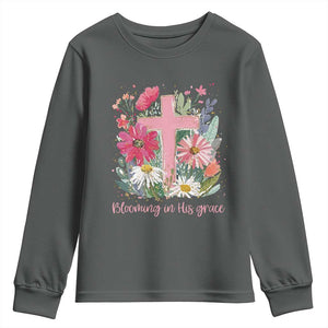 Blooming in His Grace Youth Sweatshirt Boho Wildflower Christian Faith Bible Verse TS14 Dark Heather Print Your Wear