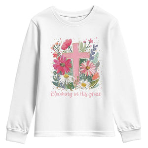 Blooming in His Grace Youth Sweatshirt Boho Wildflower Christian Faith Bible Verse TS14 White Print Your Wear