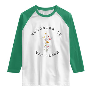Blooming in His Grace Raglan Shirt Boho Wildflower Christian Faith TS14 White Kelly Green Print Your Wear
