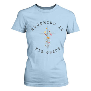 Blooming in His Grace T Shirt For Women Boho Wildflower Christian Faith TS14 Light Blue Print Your Wear