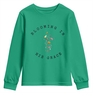 Blooming in His Grace Youth Sweatshirt Boho Wildflower Christian Faith TS14 Irish Green Print Your Wear
