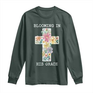 Blooming in His Grace Boho Christian Wildflower Long Sleeve Shirt Floral Cross Religious TS14 Dark Forest Green Print Your Wear