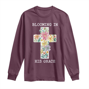 Blooming in His Grace Boho Christian Wildflower Long Sleeve Shirt Floral Cross Religious TS14 Maroon Print Your Wear