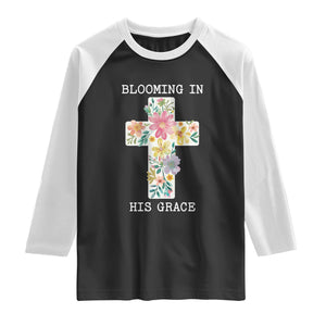 Blooming in His Grace Boho Christian Wildflower Raglan Shirt Floral Cross Religious TS14 Black White Print Your Wear