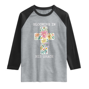 Blooming in His Grace Boho Christian Wildflower Raglan Shirt Floral Cross Religious TS14 Heather Gray Black Print Your Wear