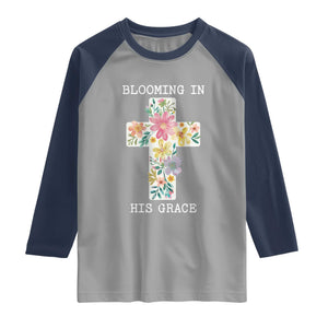 Blooming in His Grace Boho Christian Wildflower Raglan Shirt Floral Cross Religious TS14 Sport Gray Navy Print Your Wear